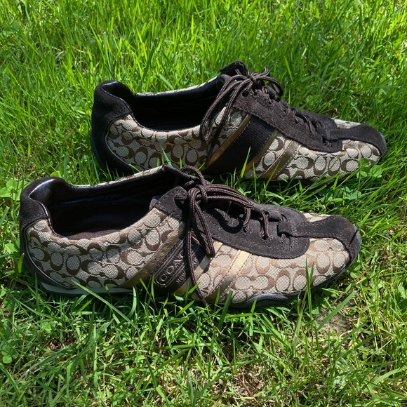 Coach Remmona Tennis Shoe Sporty Sneakers Brown Signature Logo Print Brown Suede - Picture 4 of 17